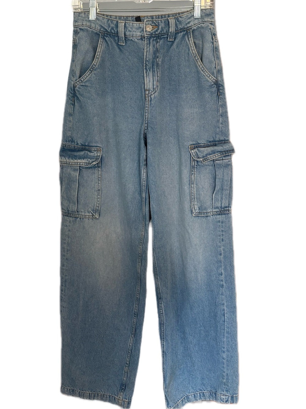 H&M High-Rise Wide-Leg Cargo Jeans in Light Blue Wash